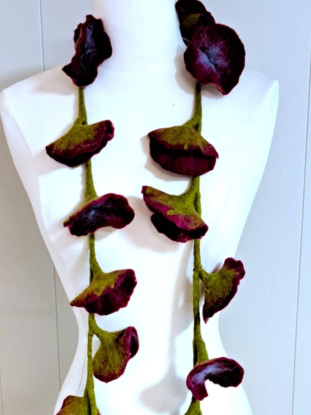FELTED WOOL FLOWERS & VINE SCARF DARK PLUM & OLIVE GREEN 60" LONG